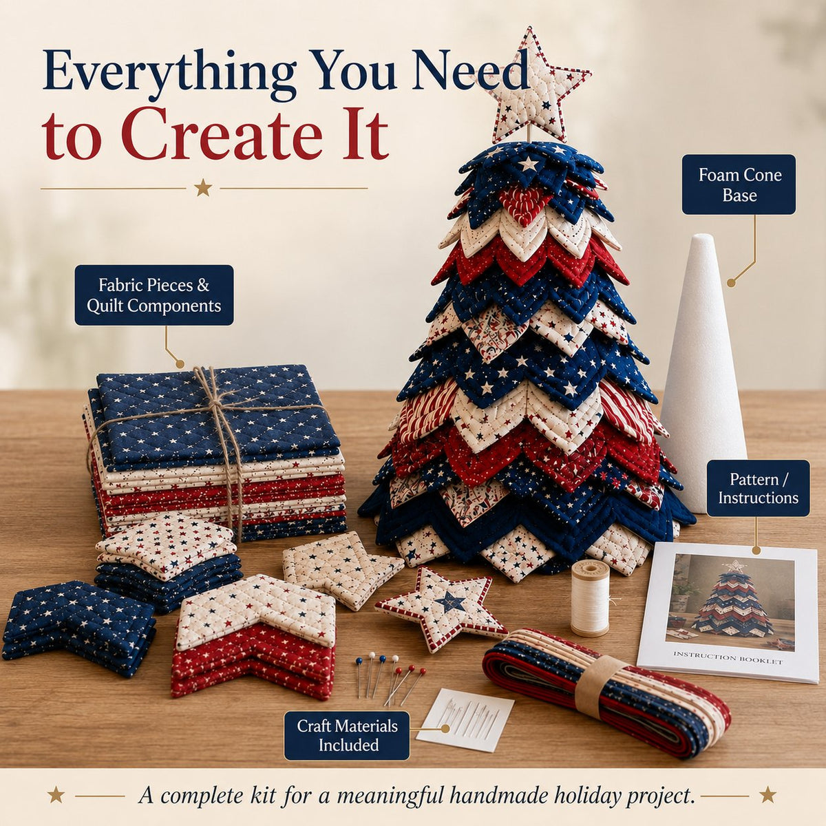 🔥Last Day 50% OFF -  🇺🇸 Americana Christmas Tree Quilt Kit | All-in-One Christmas Quilting Craft Kit